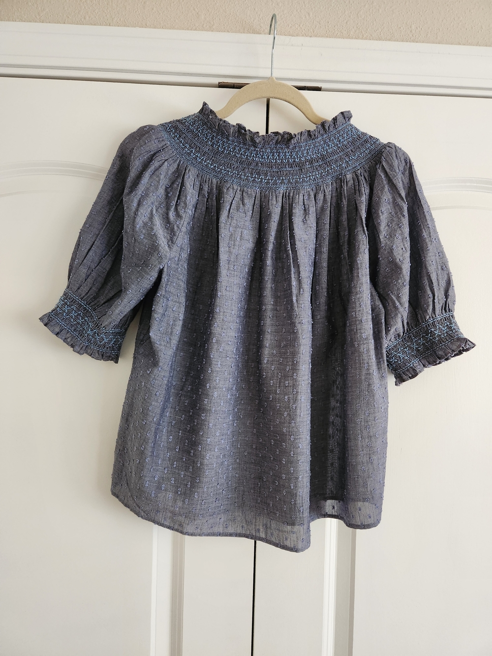 LOFT Slate Blue Smocked Whimsical Ruffled Neck Puff Sleeve Top - Picture 2 of 8